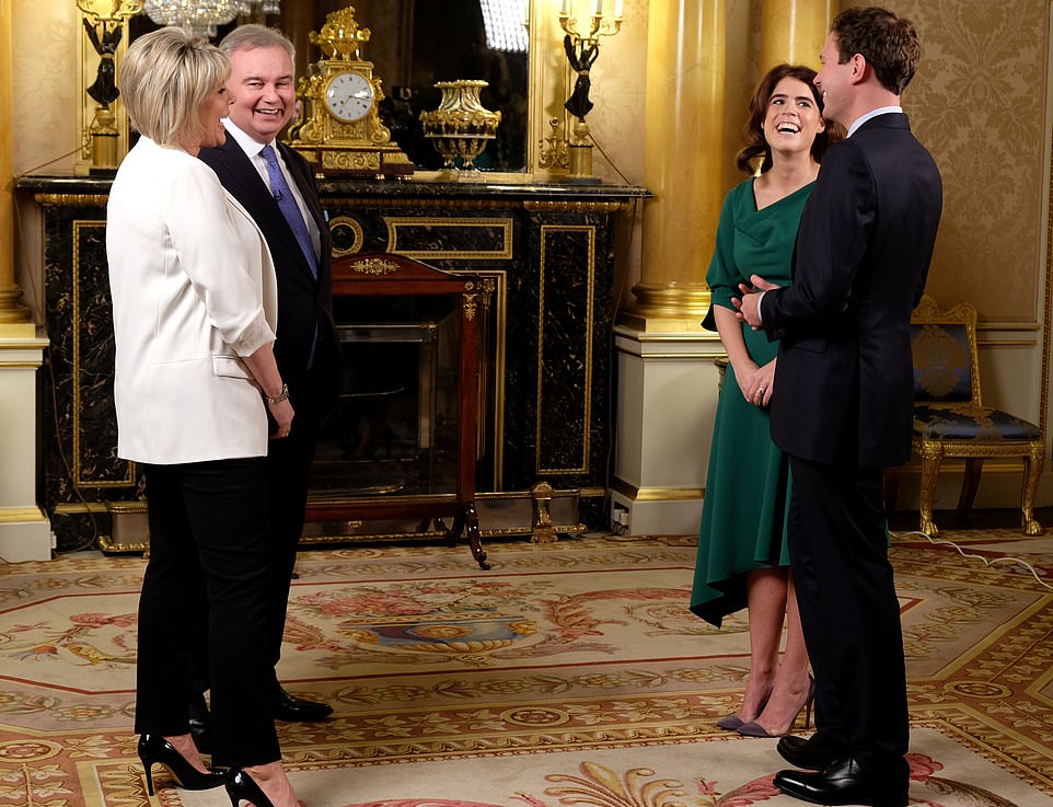 In an interview with presenters Eamonn Holmes and Ruth Langsford (left), who will be anchoring live coverage of the wedding on ITV's This Morning from 9.25am today, Eugenie and her fiancÃ© described the moment they first saw each otherÂ 