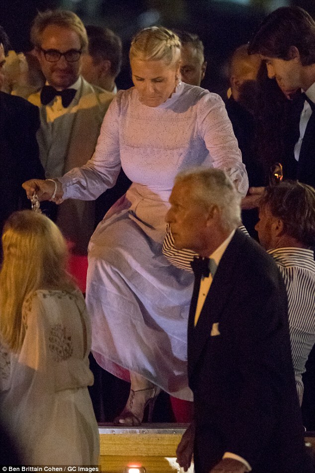 Travelling in style: The princess boarded a water taxi at the end of the night, along with some other well-heeled guestsÂ 