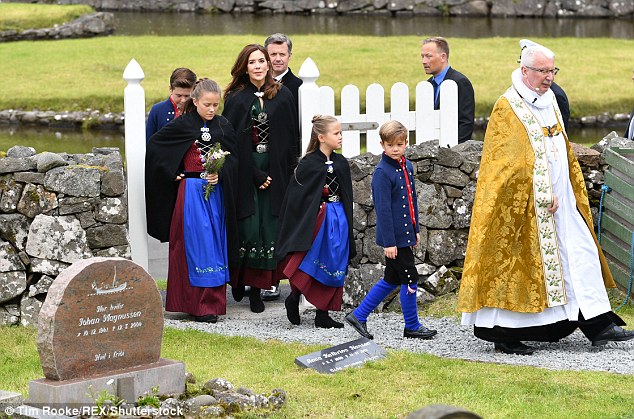Crown Princess Mary, 46, and Crown Prince Frederick, 50, took their childrenÂ Prince Christian, 12,Â Princess Iseballa, 11, and seven-year-old twins Princess Josephine and Prince Vincent to church in SandavÃ¡gurÂ  on the Faroe Islands (pictured heading into church)